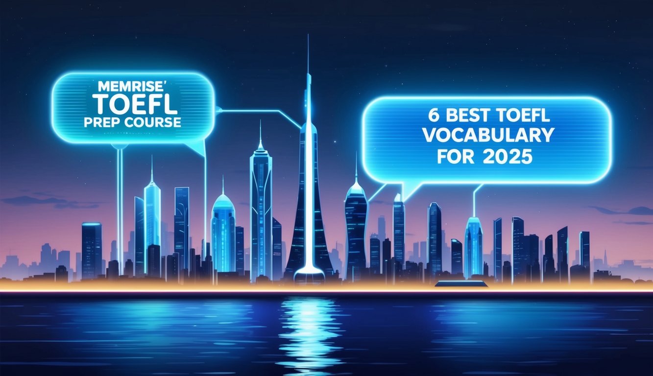 A futuristic city skyline with holographic displays of "Memrise TOEFL Prep Course" and "6 Best TOEFL Vocabulary Apps for 2025" glowing in the night sky