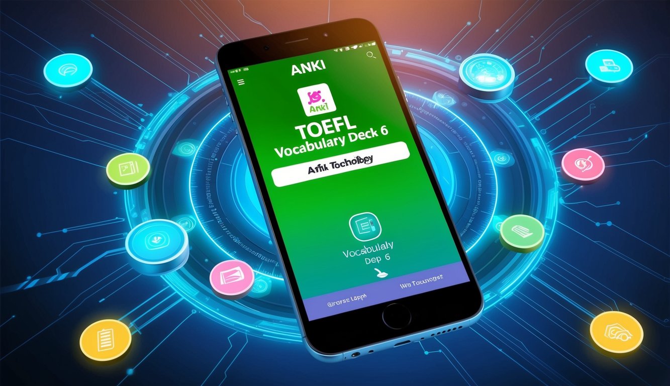 A smartphone displaying the Anki TOEFL Vocabulary Deck 6 app surrounded by futuristic technology and glowing icons