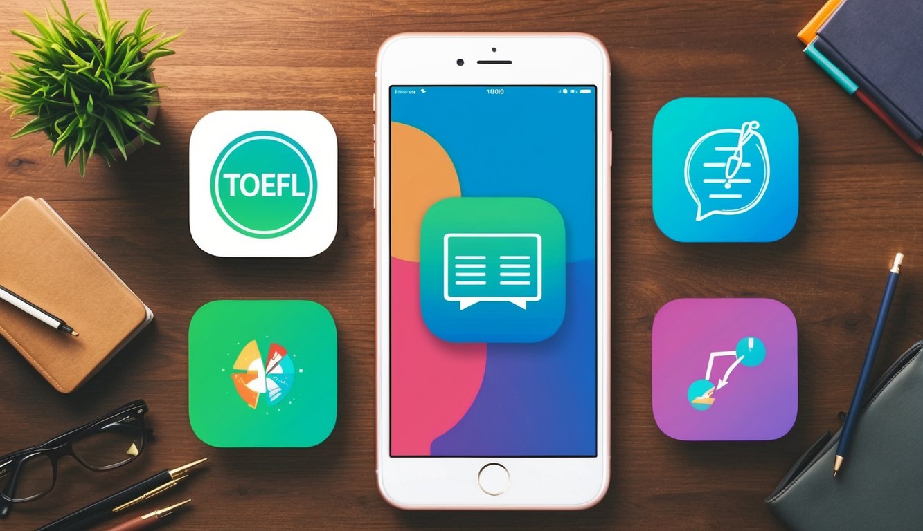 A modern smartphone displaying six colorful vocabulary app icons for TOEFL preparation