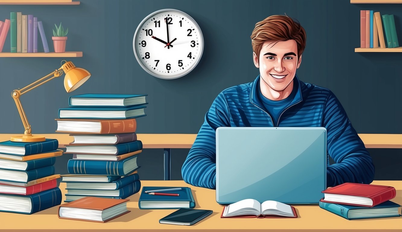 A student sitting at a desk with a laptop, surrounded by books and study materials. A clock on the wall shows the time