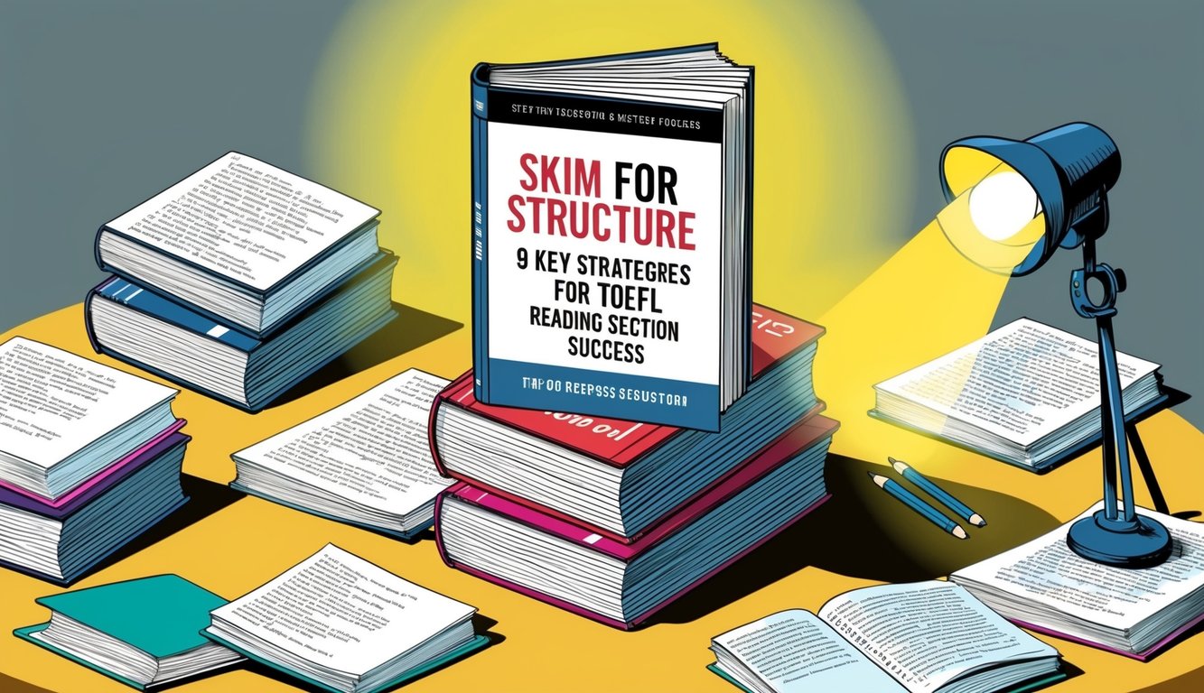 A stack of books with a spotlight shining on "Skim for Structure 9 Key Strategies for TOEFL Reading Section Success" surrounded by study materials