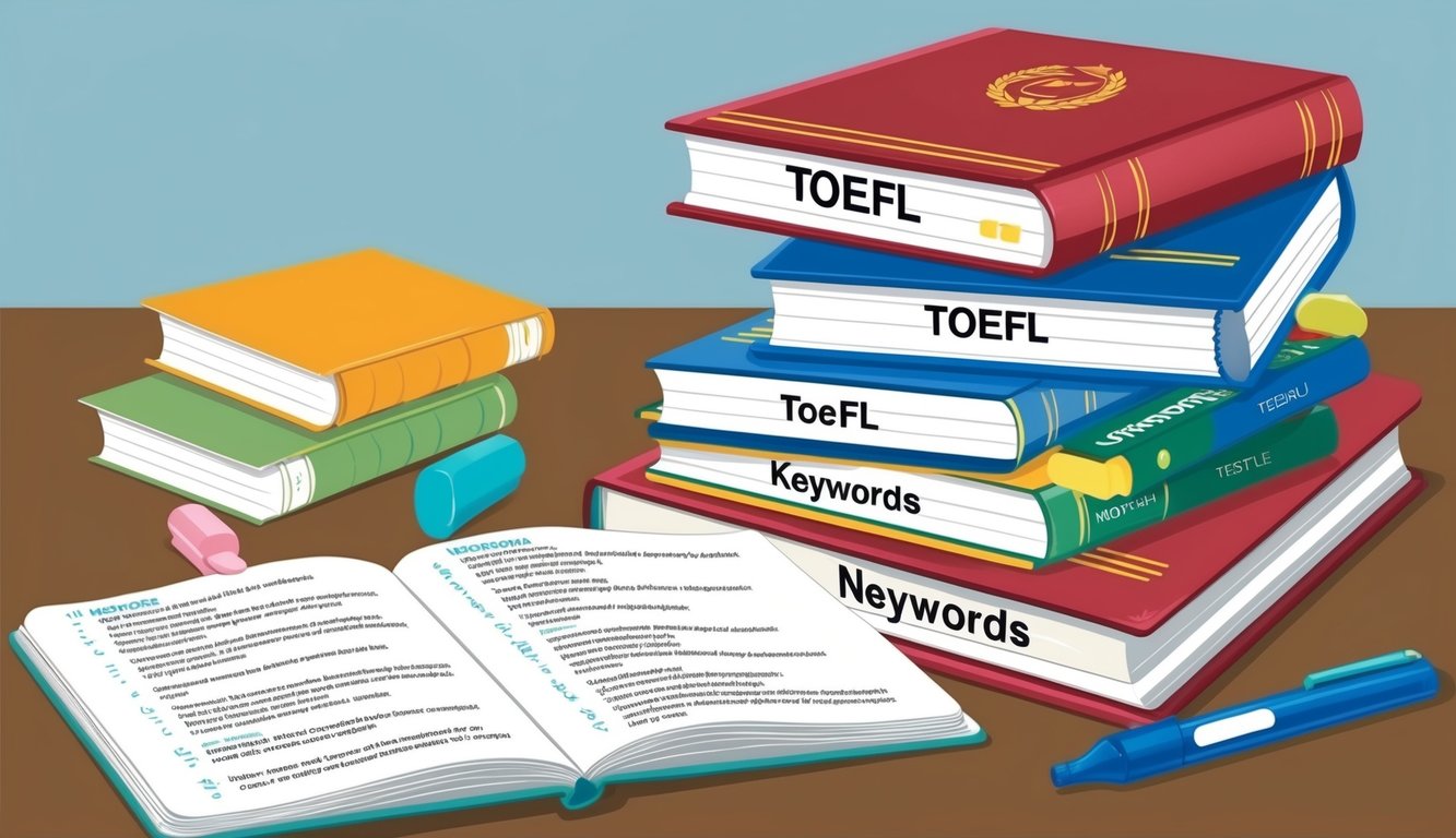 A stack of books with TOEFL study materials, a highlighter, and a notebook open to a page with notes and keywords