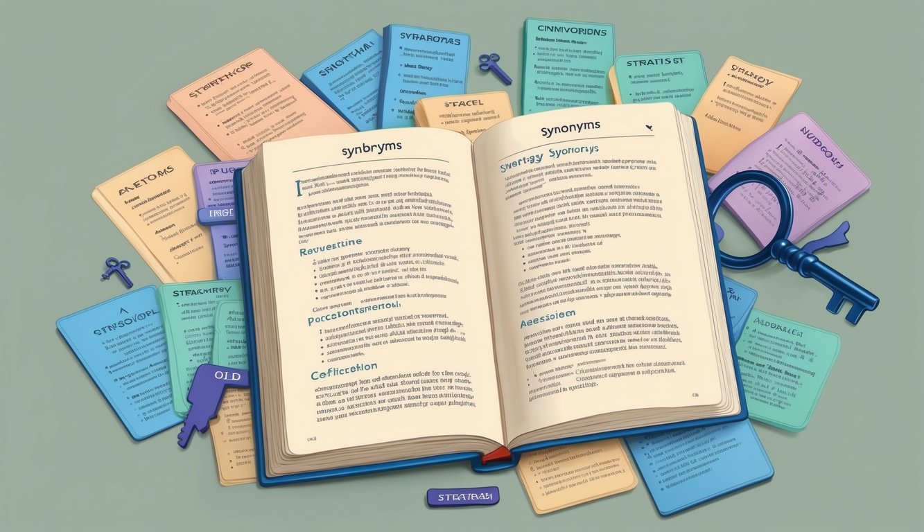 An open book surrounded by various synonyms, a key, and a strategy map