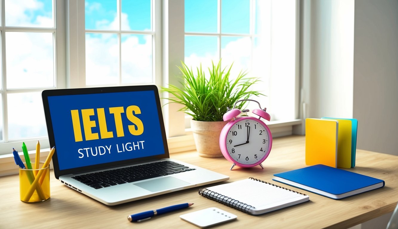 A desk with a laptop, notebook, pen, and IELTS study materials. A clock shows the time. Bright natural light streams in through a window