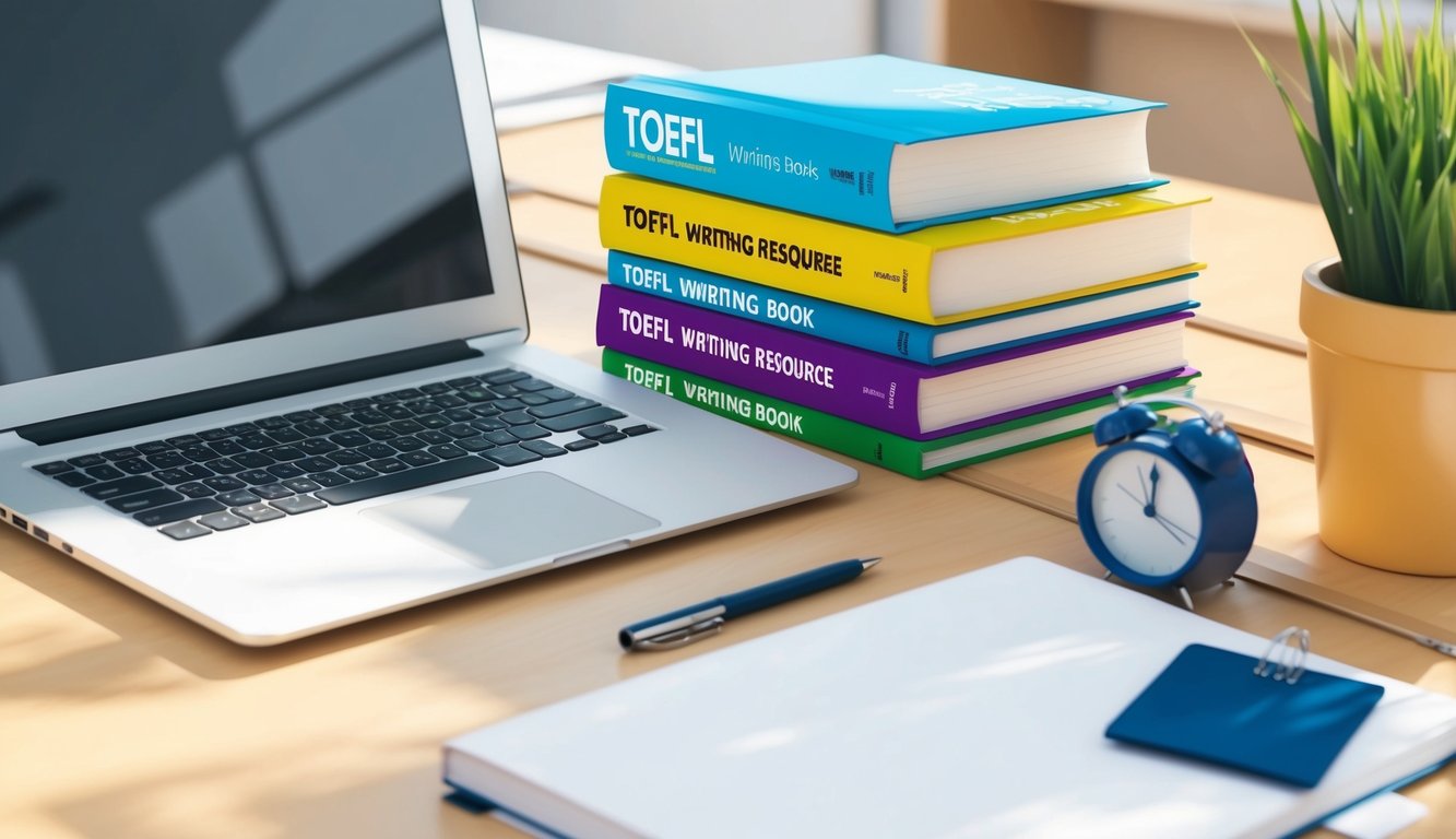 A desk with a laptop, notebook, and pen. A stack of TOEFL writing resource books. A bright, organized study space with natural light