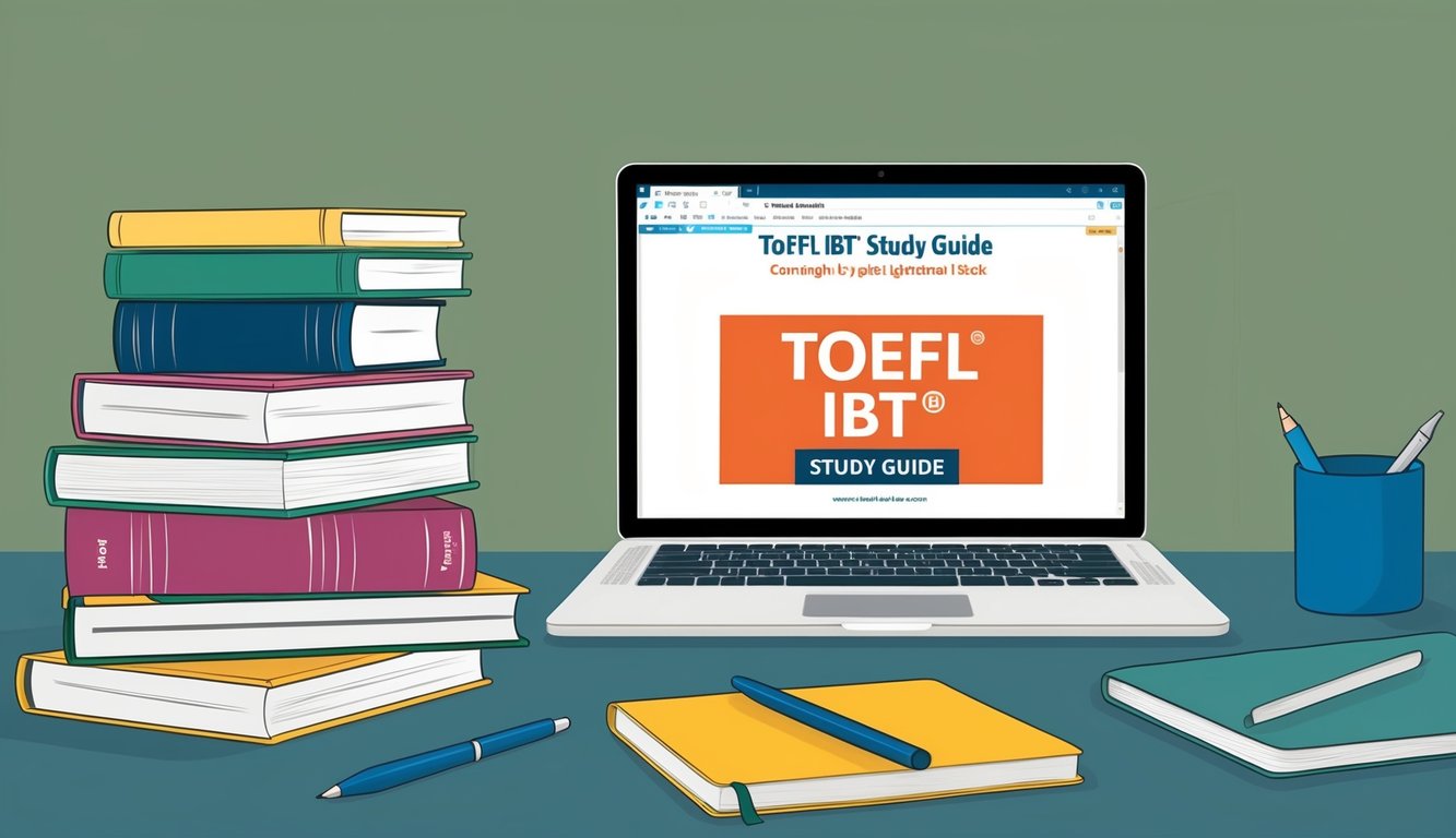 A stack of books on a desk, with a laptop open to a TOEFL iBT® study guide. A pen and notebook are next to it