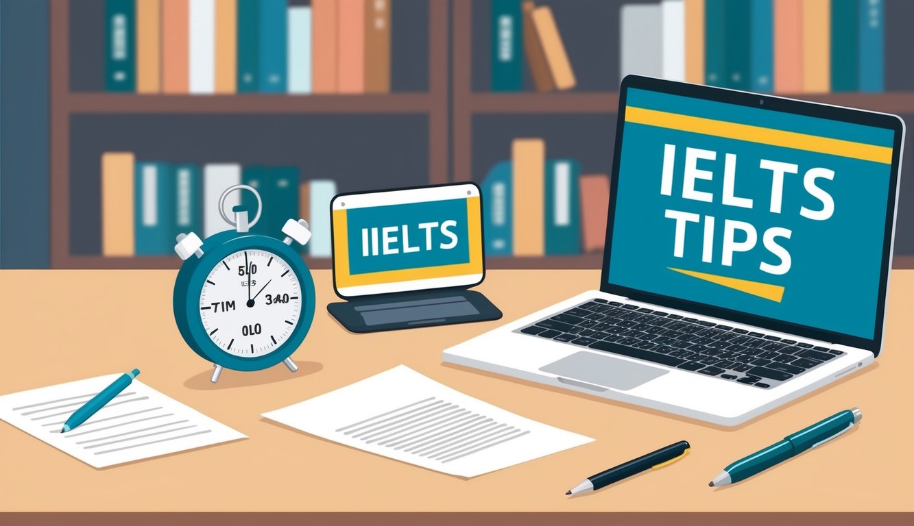 A desk with a timer, pen, and paper. A laptop displaying IELTS tips. Bookshelf in the background