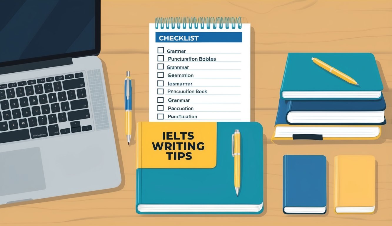 A desk with a laptop, notebook, and pen. A stack of grammar and punctuation books. A checklist with "IELTS Writing Tips" at the top