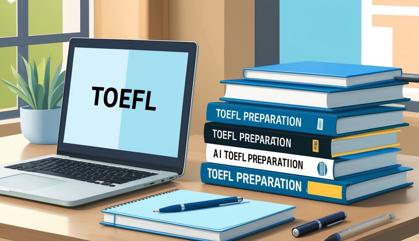 A desk with a laptop, notebook, and pen. A stack of TOEFL preparation books and resources. A quiet study space with natural light