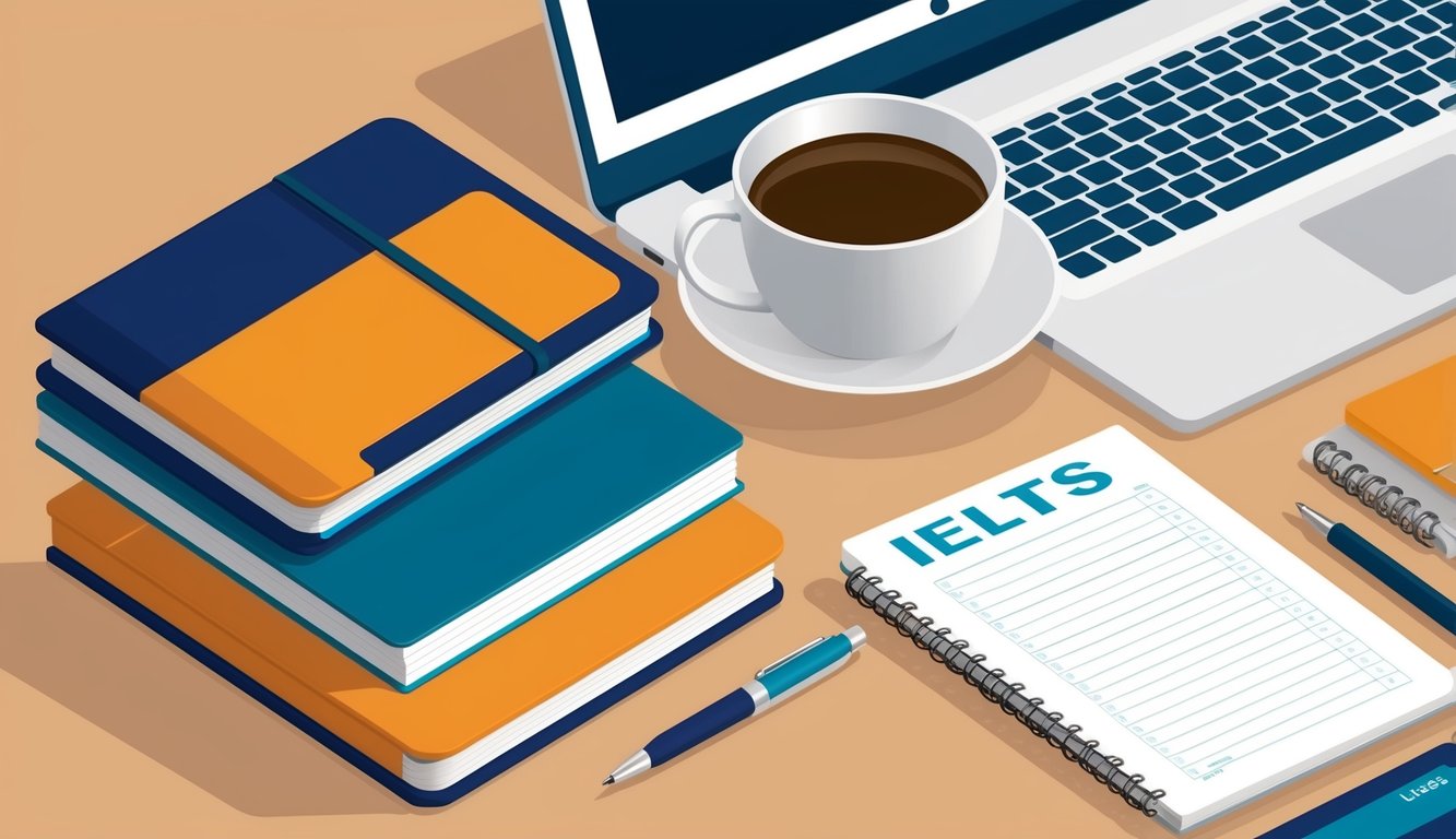 A desk with a laptop, notebook, and pen. A stack of IELTS study materials beside a cup of coffee