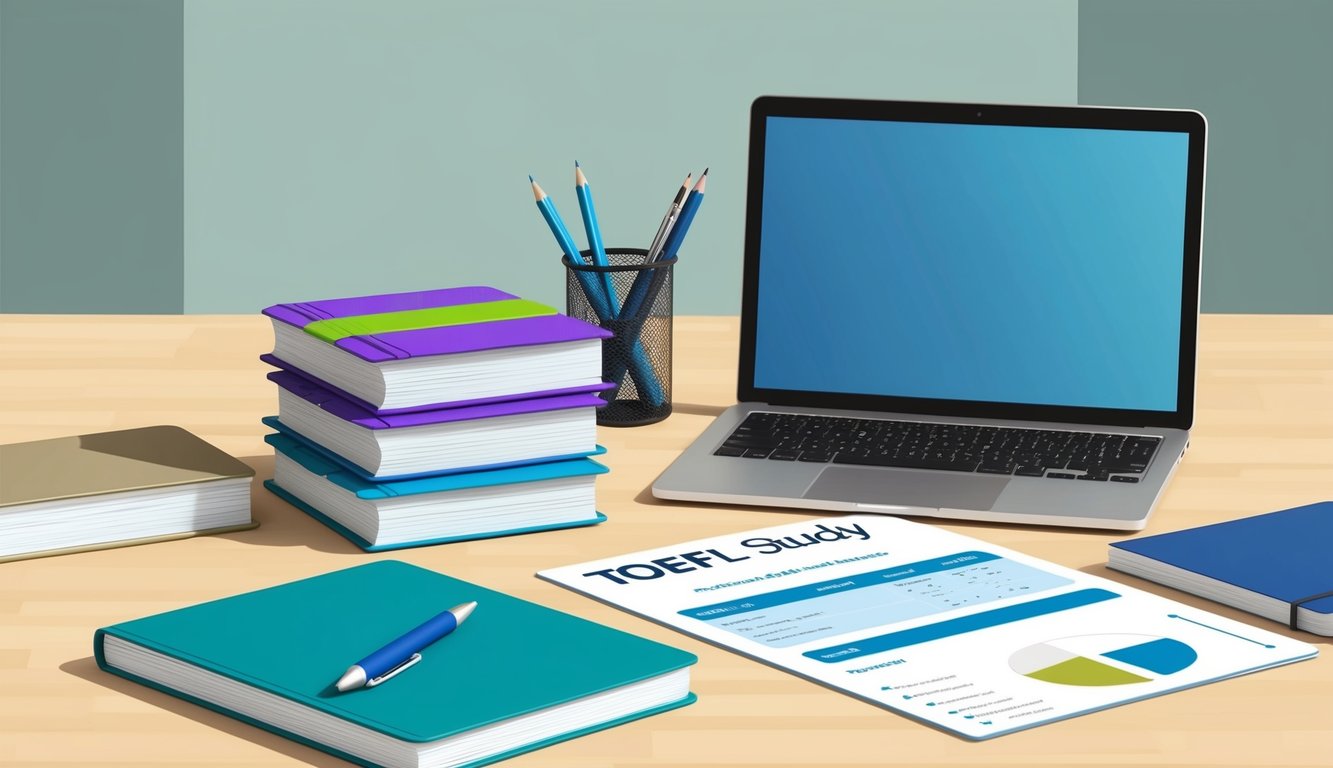 A desk with a laptop, notebook, and pen. A stack of TOEFL study resources and a scoring rubric are visible