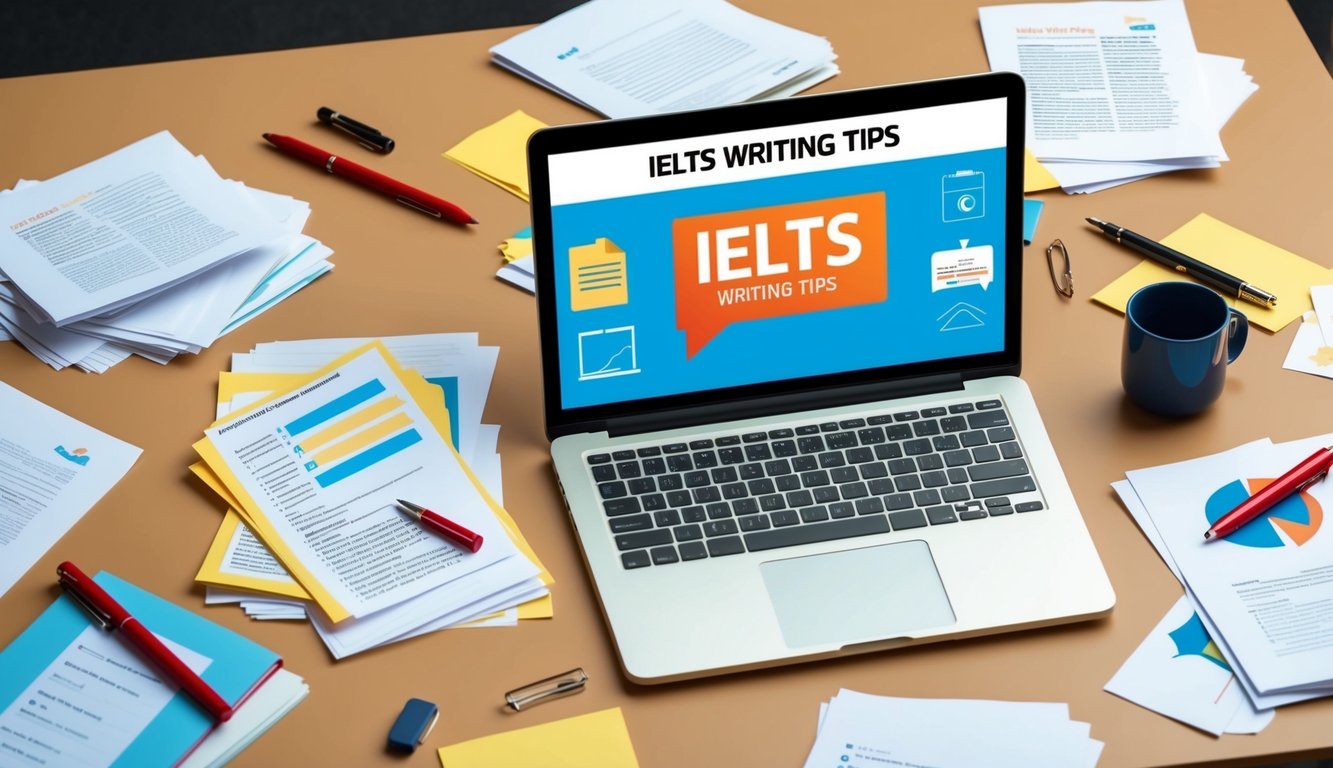 A cluttered desk with scattered papers, a red pen, and a laptop displaying IELTS writing tips