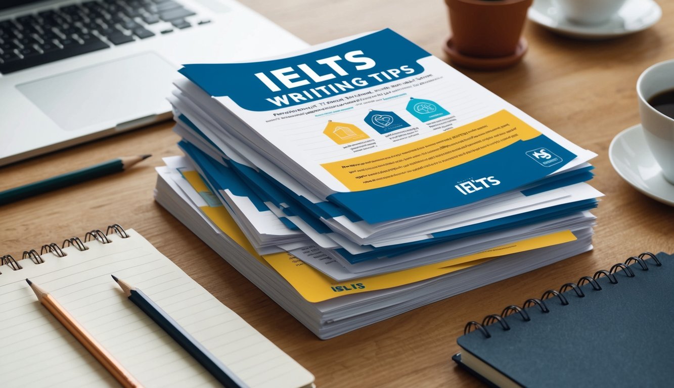 A stack of papers with IELTS writing tips, a pencil, and a notebook on a desk