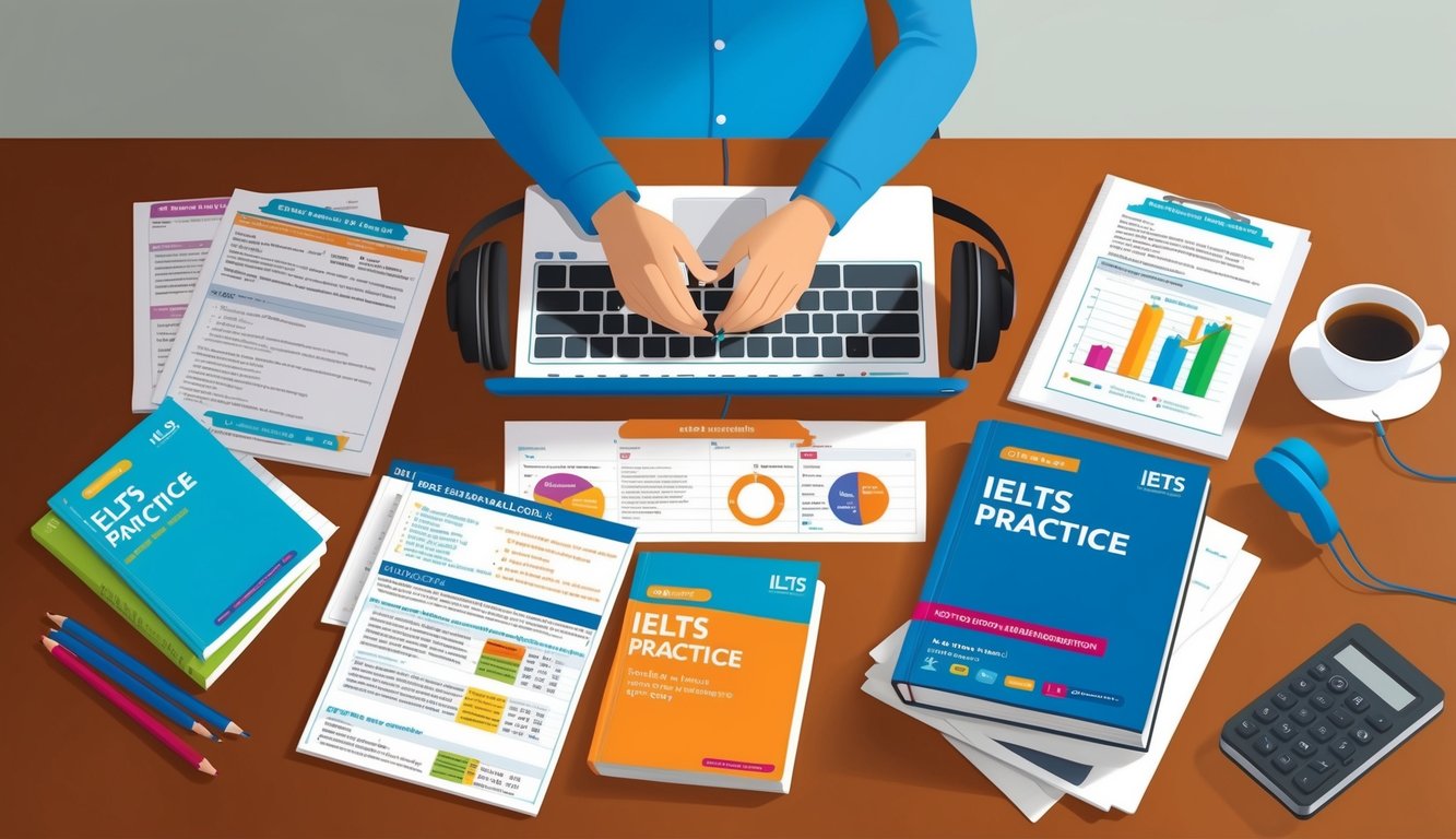 A person studying with headphones and various IELTS practice materials spread out on a desk