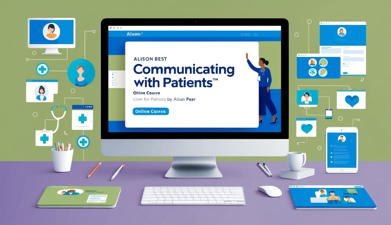 A computer screen displaying the "Communicating with Patients" online course by Alison Best, with healthcare-related images and icons surrounding it