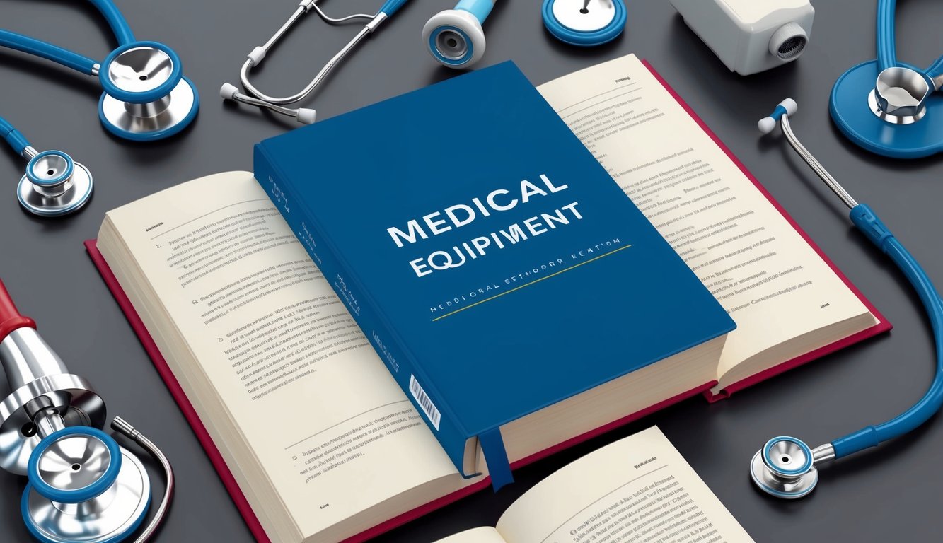 An open textbook surrounded by medical equipment and a stethoscope