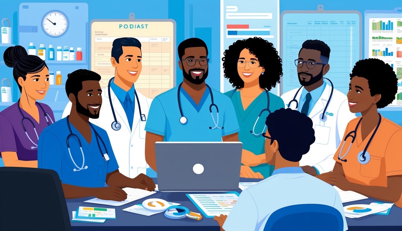 A group of diverse healthcare professionals listen to a podcast, surrounded by medical equipment and charts