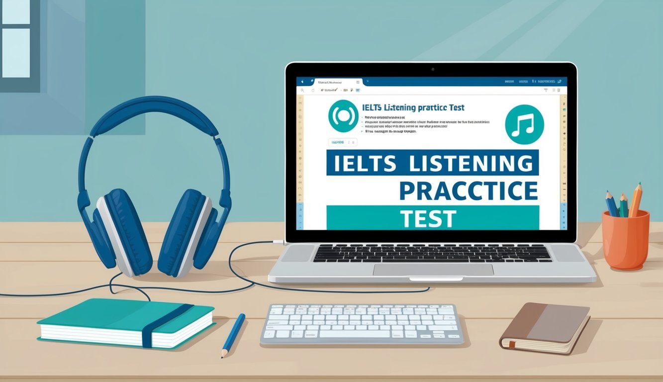 A quiet study environment with headphones, a notebook, and a laptop open to an IELTS listening practice test