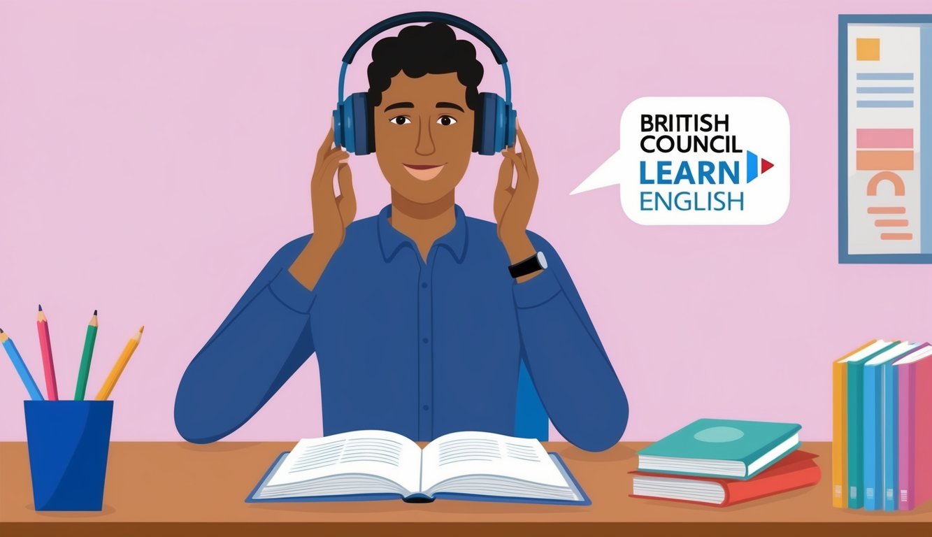 A person listening to a British Council Learn English podcast on headphones while studying for the IELTS test