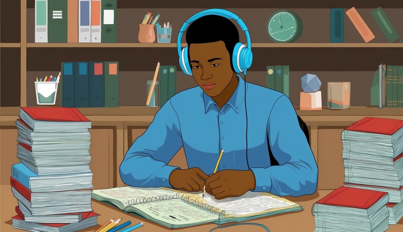 A person listening to headphones while studying test materials