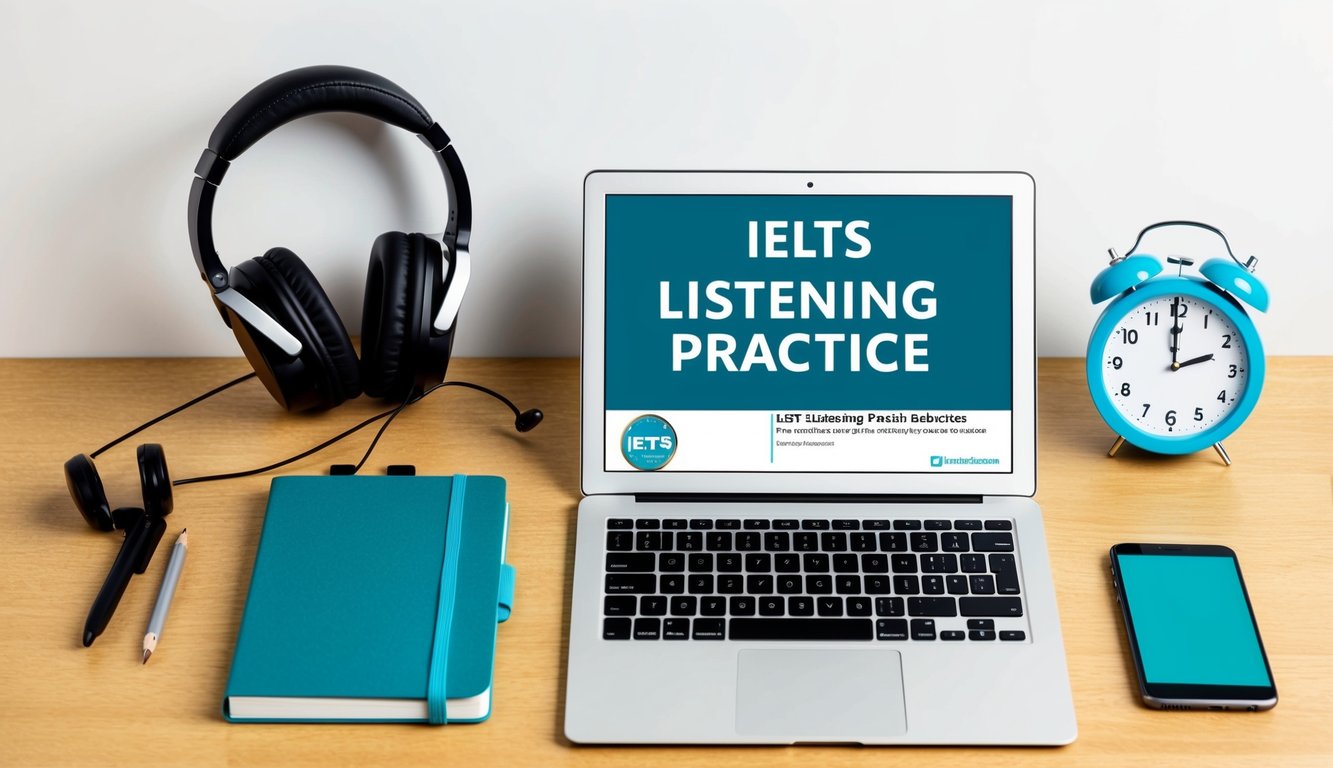 A desk with headphones, a notebook, and a laptop open to IELTS listening practice resources. A clock shows the time for focused study