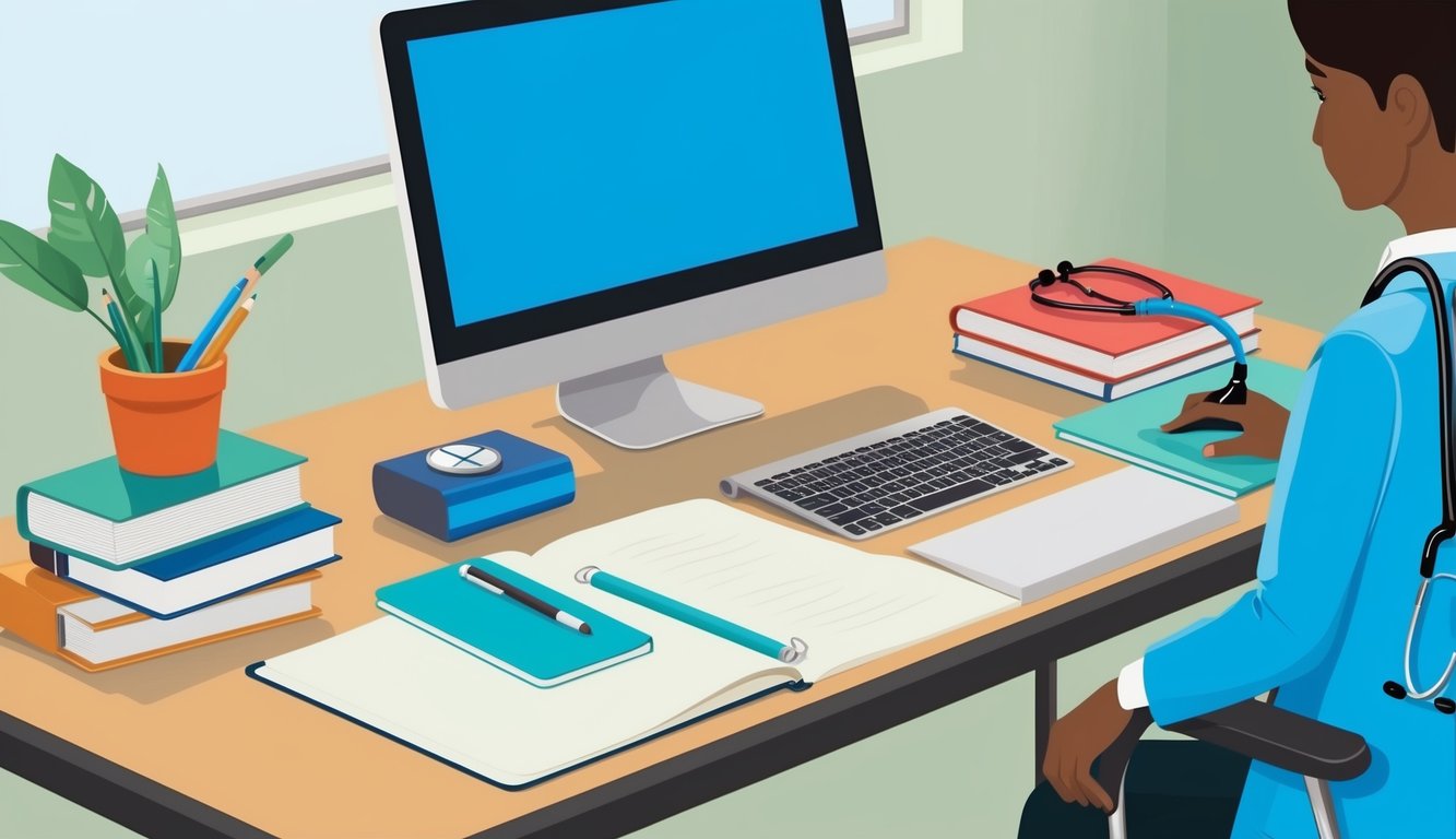 A desk with a computer, notebook, pen, and medical reference books. A stethoscope and lab coat hang on a chair