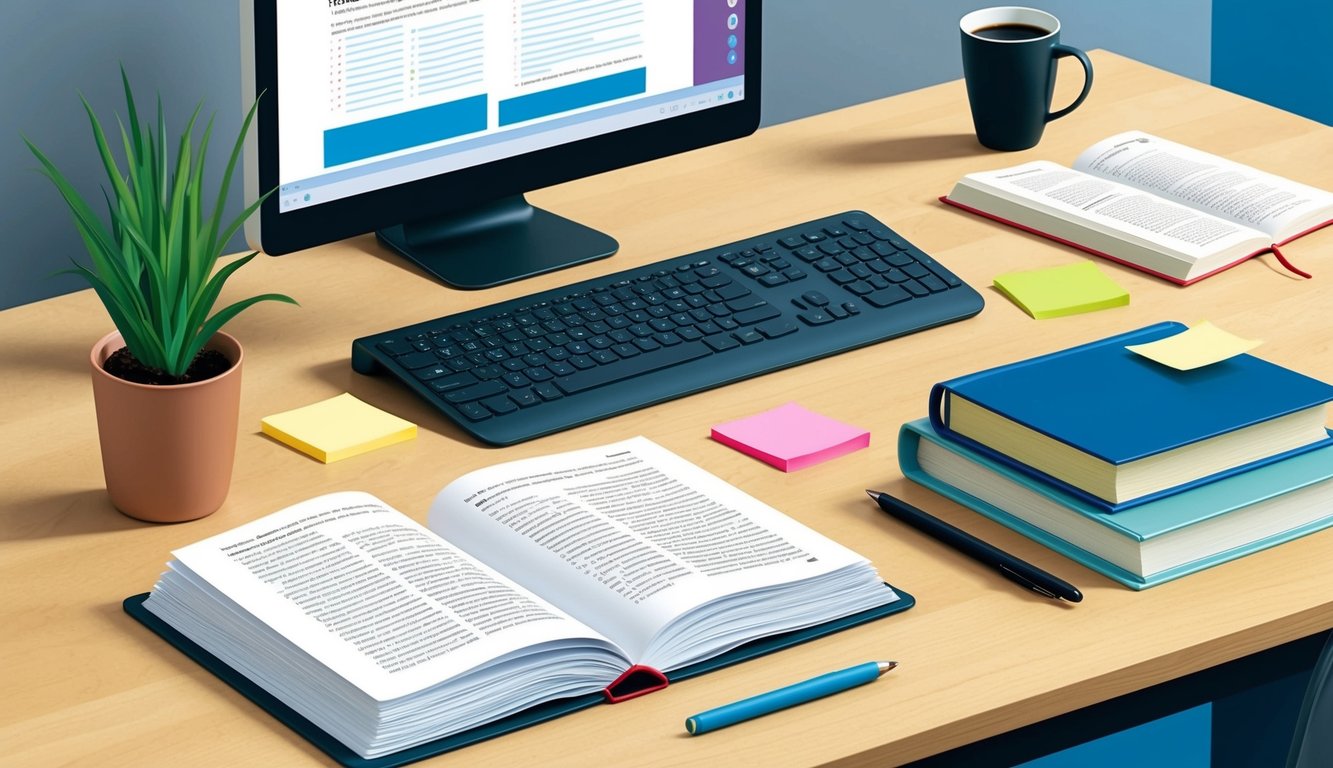 A desk with a computer, open books, and medical journals. Post-it notes and a cup of coffee sit nearby