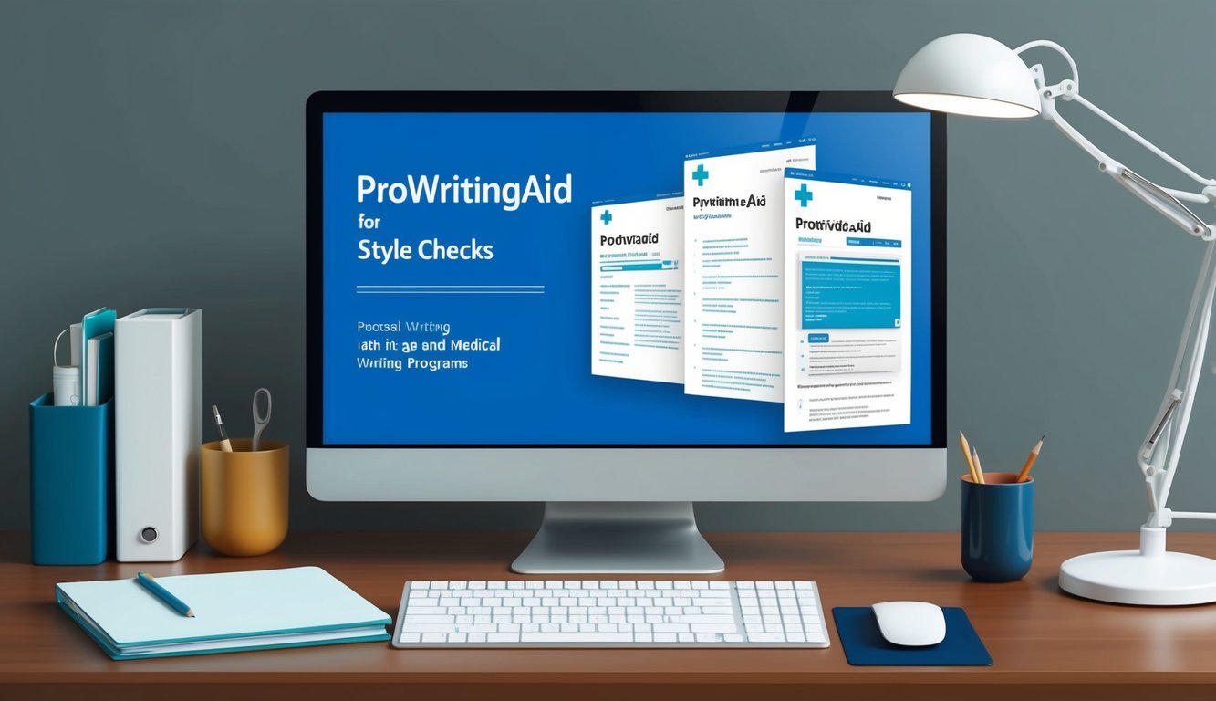 A desk with a computer displaying "ProWritingAid for Style Checks" and four other medical writing programs