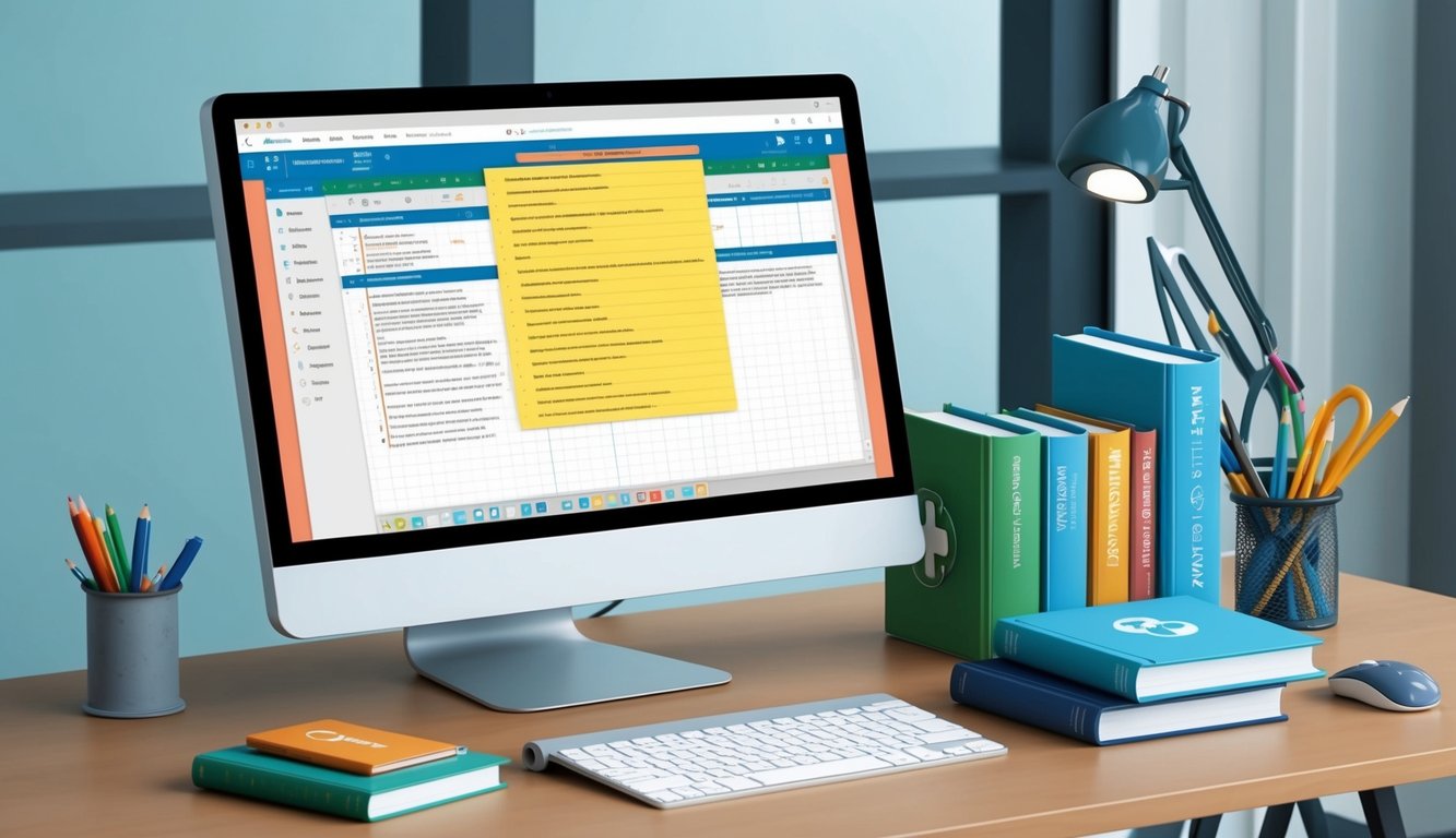 A desk with a computer displaying writing programs, medical books, and a list of frequently asked questions