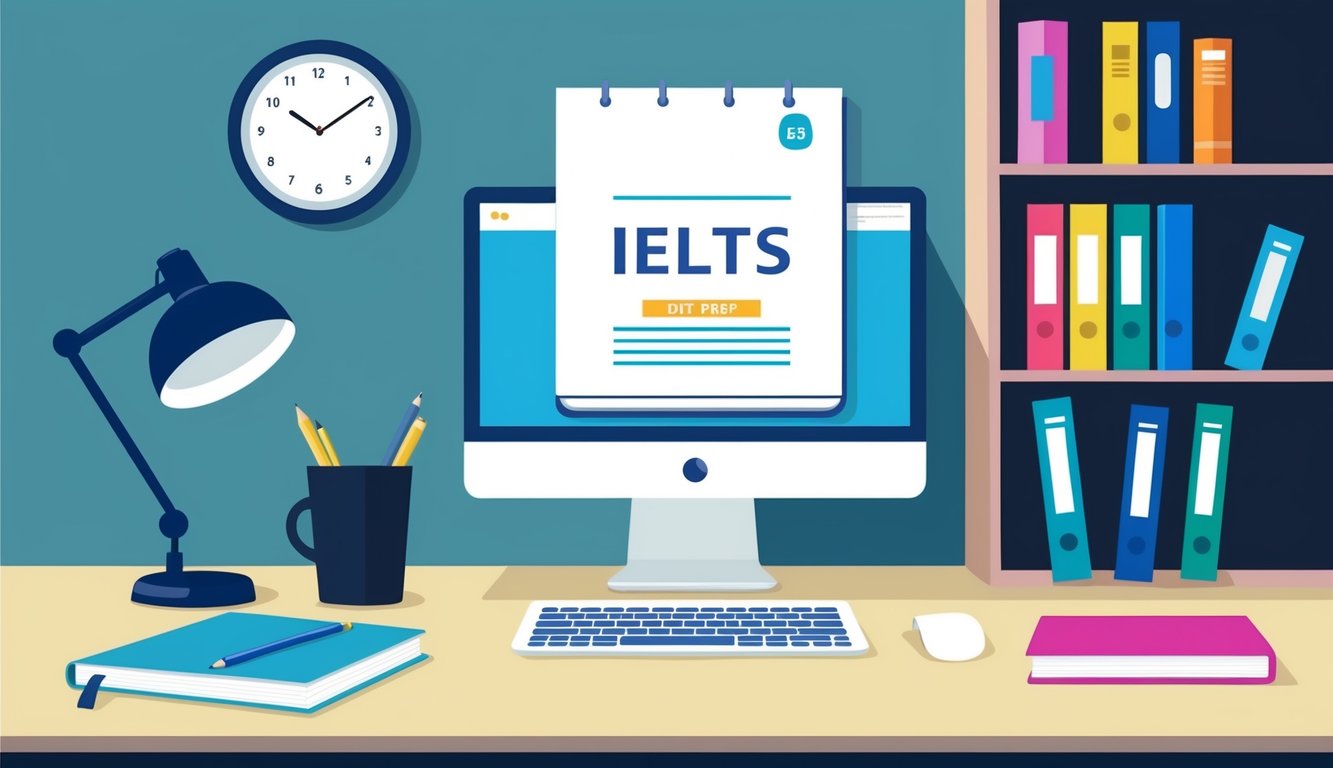 A desk with a computer, notebook, and pen. A clock shows the time. A bookshelf with IELTS prep materials