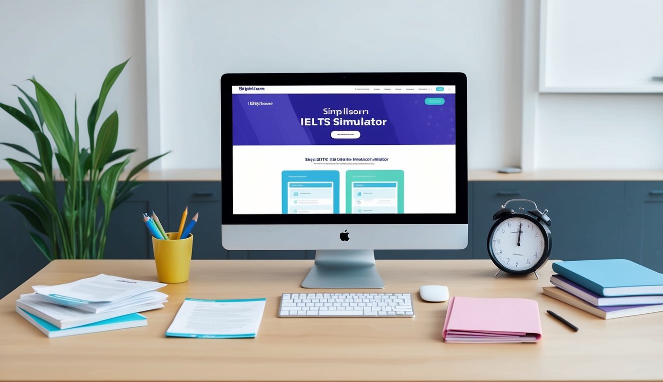 A desk with a computer displaying the SimpliLearn IELTS Simulator website, surrounded by study materials and a timer