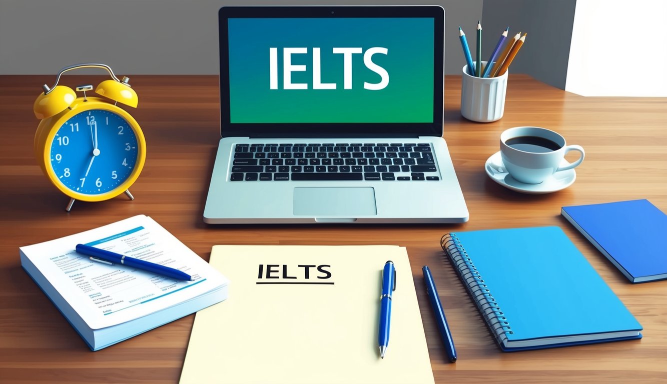 A desk with a laptop, notebook, and pen. IELTS study materials scattered around. A clock showing the time