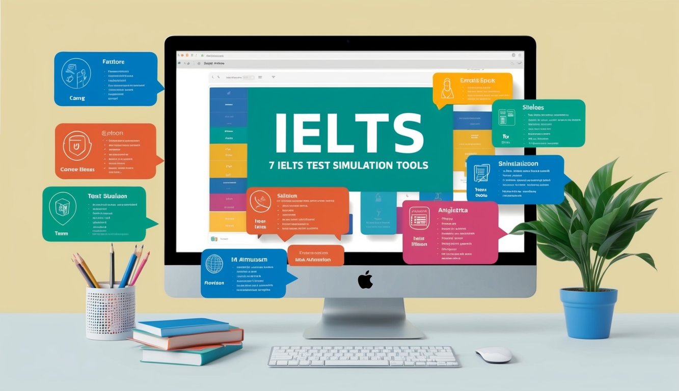 A computer screen displaying 7 IELTS test simulation tools with various features highlighted