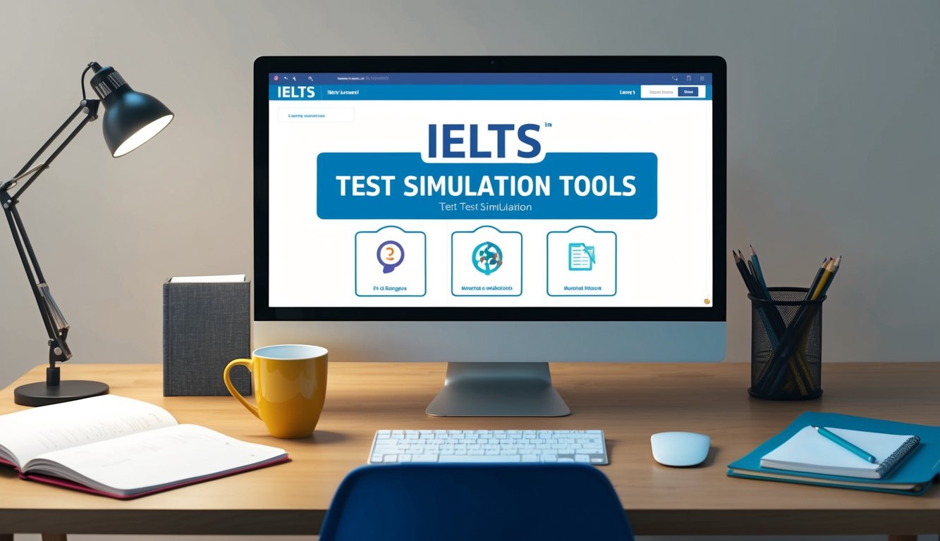 A desk with a computer screen displaying IELTS test simulation tools, surrounded by study materials and a notebook