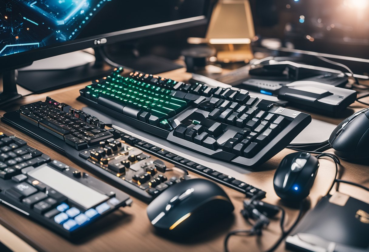 A cluttered desk with left-handed gadgets, comics, and sci-fi collectibles. A computer screen displays a left-handed gaming mouse and keyboard