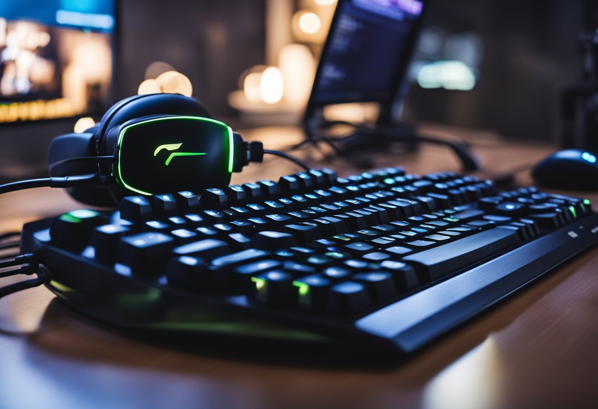 A left-handed gamer using a customized keyboard and mouse, surrounded by gaming accessories designed for left-handed use