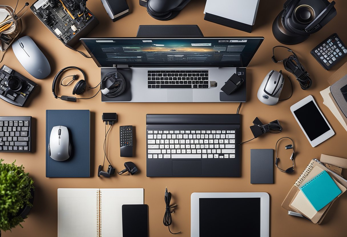 A cluttered desk with a variety of left-handed gadgets, including a computer mouse, keyboard, and notebooks. Posters of popular geek culture references adorn the walls