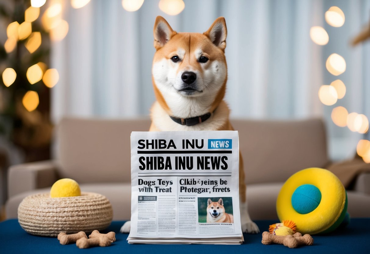 A shiba inu stands proudly in front of a newspaper with the headline "Shiba Inu News," surrounded by dog toys and treats