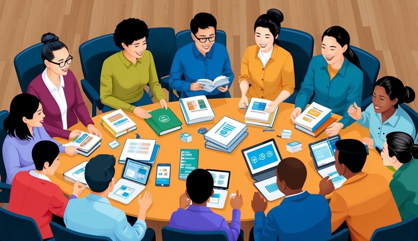 A diverse group of immigrants gather around a table, sharing and exchanging resources such as books, language guides, and online learning materials