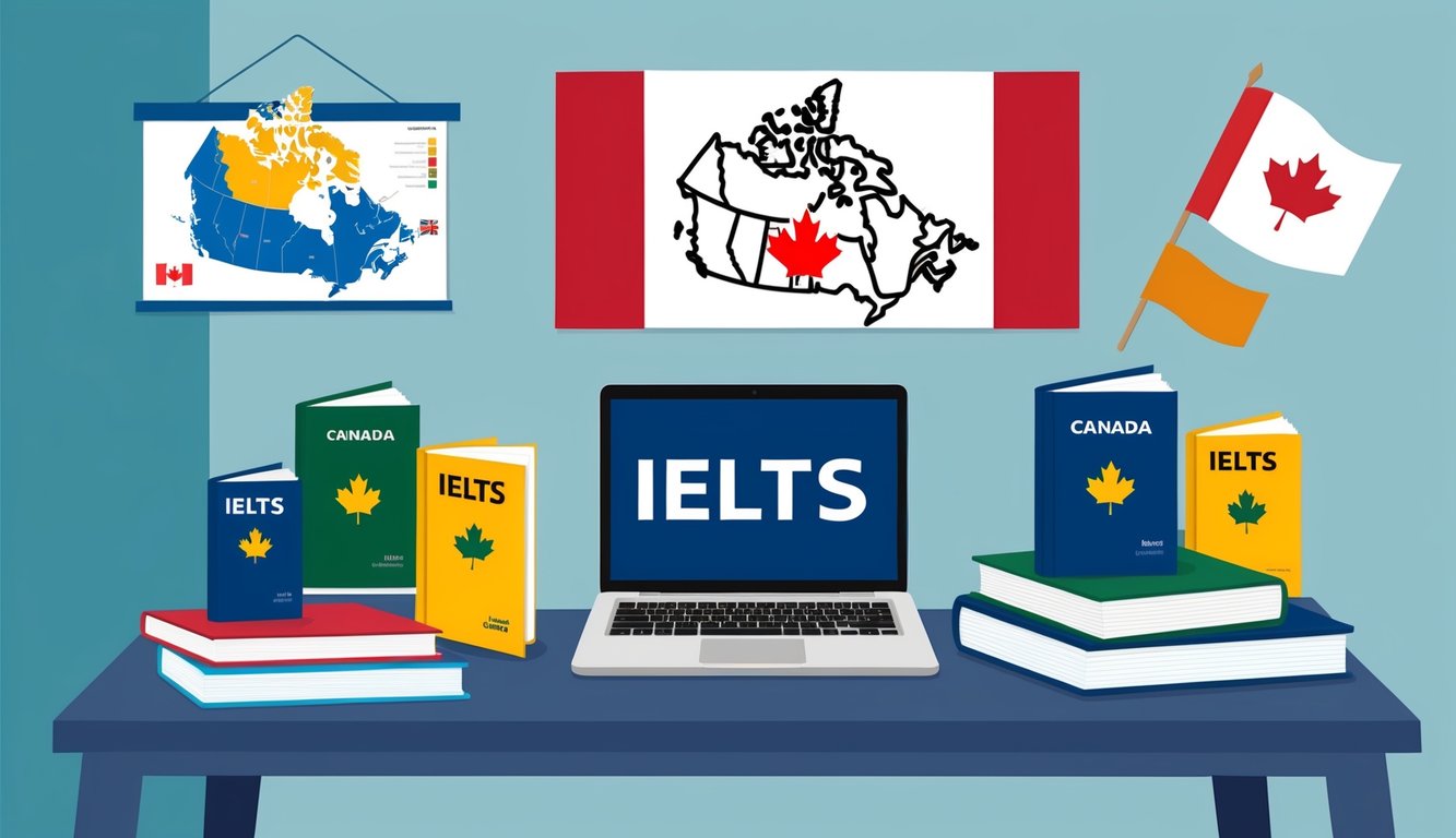 A study desk with IELTS preparation books, a laptop, and English language resources. A map of Canada and a Canadian flag are displayed on the wall