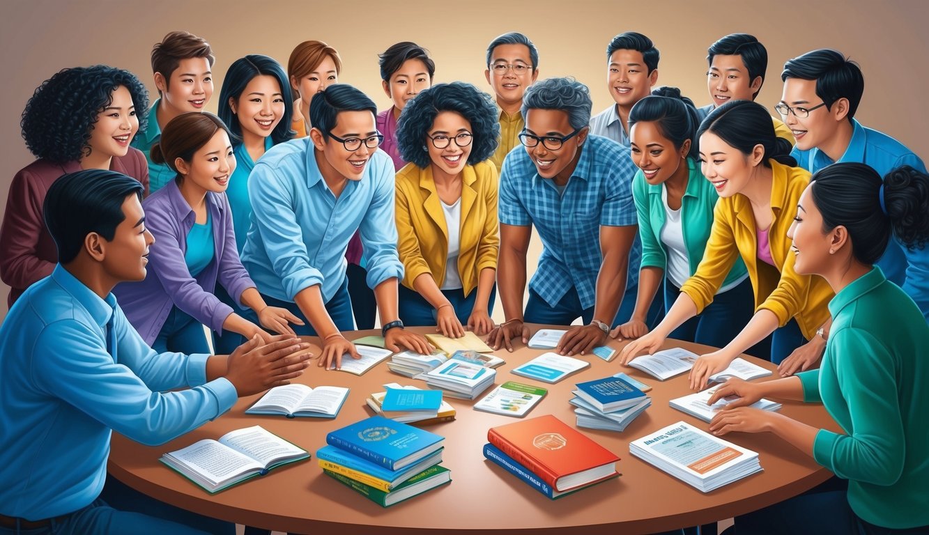 A diverse group of immigrants eagerly gather around a table filled with educational resources, including books, pamphlets, and online resources