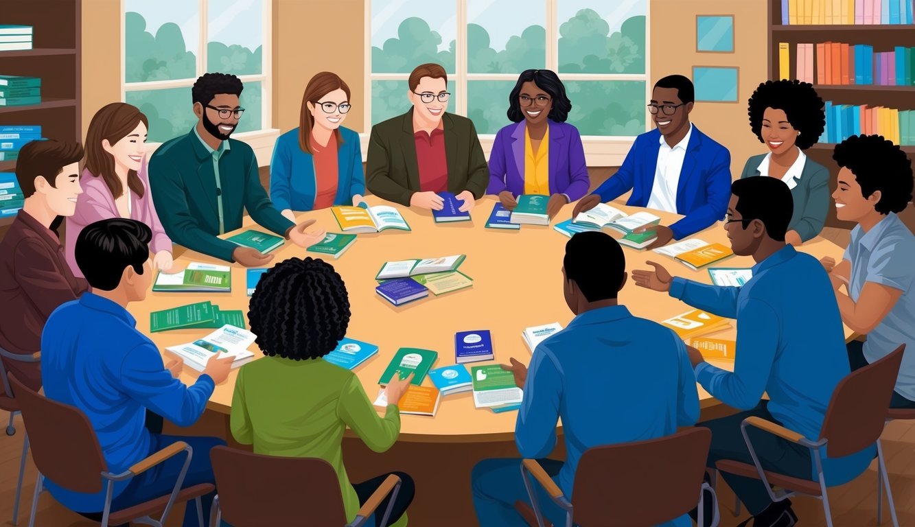 A group of diverse individuals gather around a table, sharing and exchanging various books, pamphlets, and resources. The room is filled with a sense of community and support