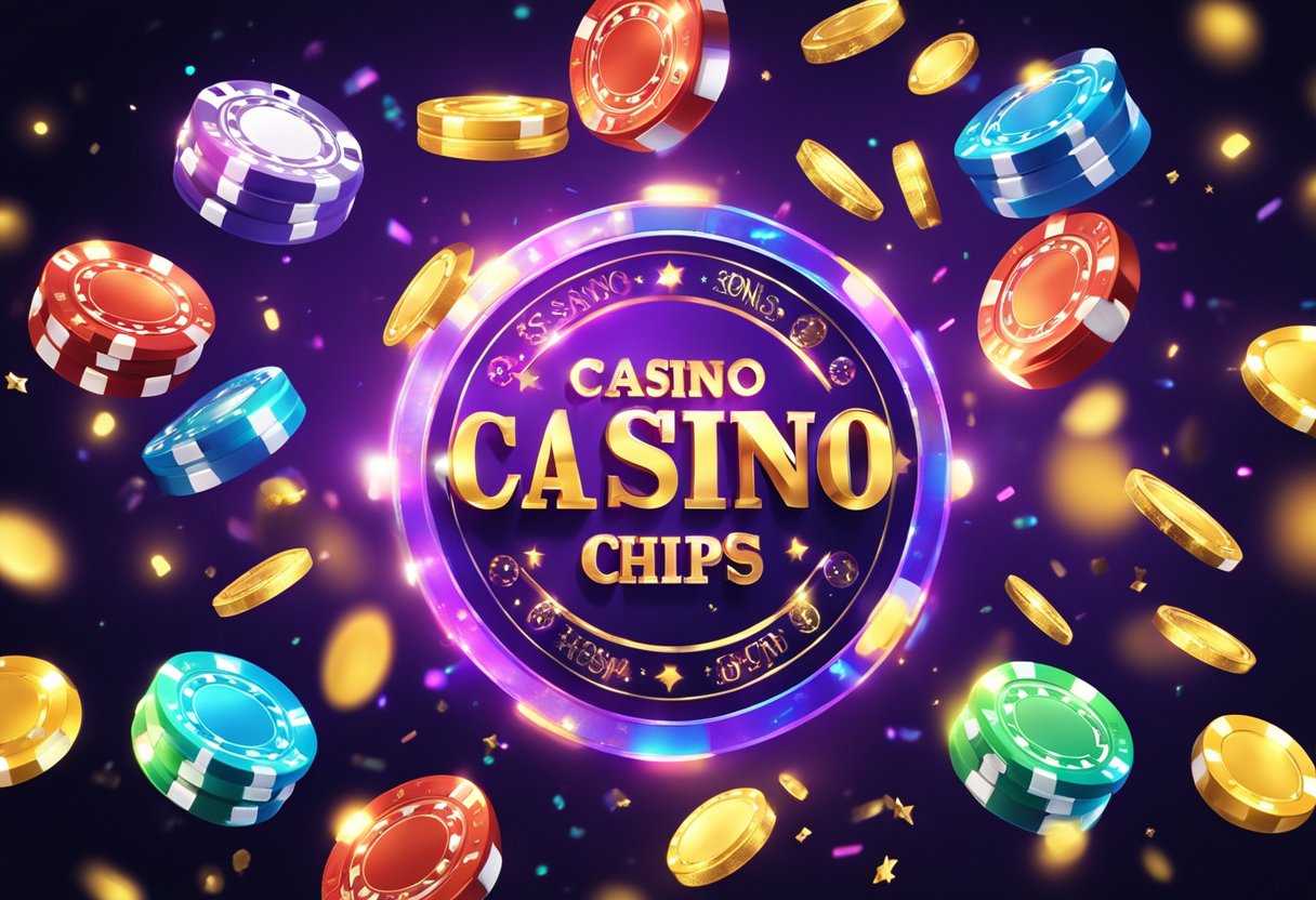 A vibrant digital display of casino chips and bonus symbols, surrounded by sparkling confetti and flashing lights