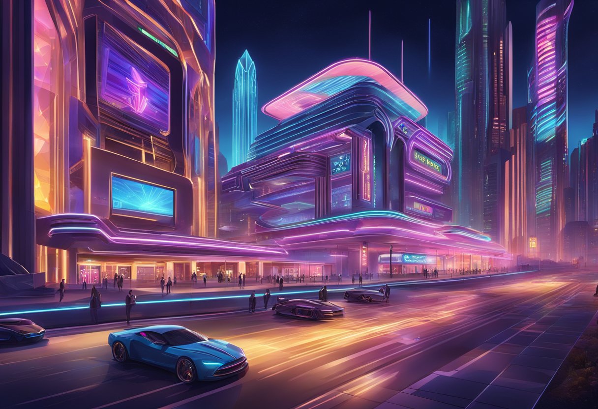 A glowing, futuristic casino with neon lights and sleek architecture, surrounded by a bustling cityscape at night