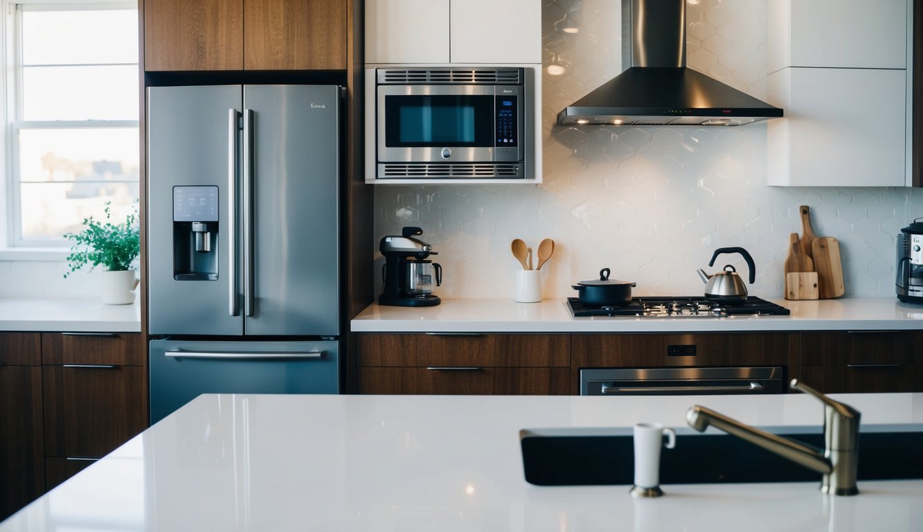 A modern kitchen with appliances like a smart refrigerator, voice-activated oven, and automated coffee maker, all connected and controlled by AI