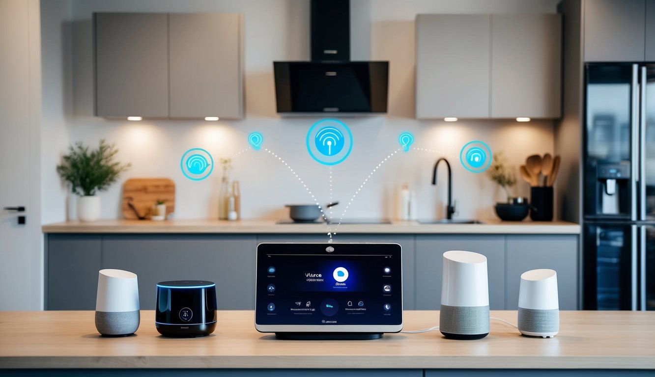 A modern kitchen with voice-controlled appliances and smart home devices interconnected and communicating with each other