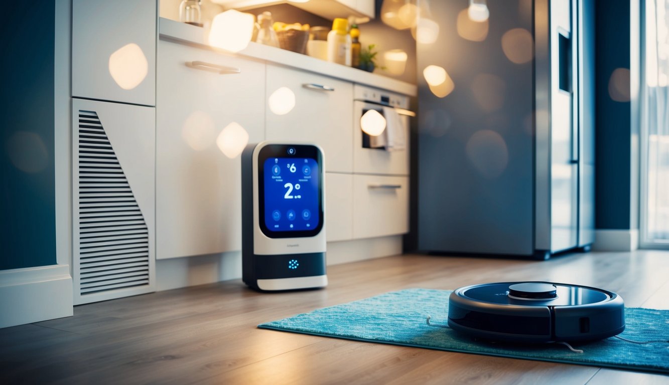 An AI-powered thermostat adjusts the temperature as a robotic vacuum cleans the floor. A smart fridge suggests recipes based on its contents