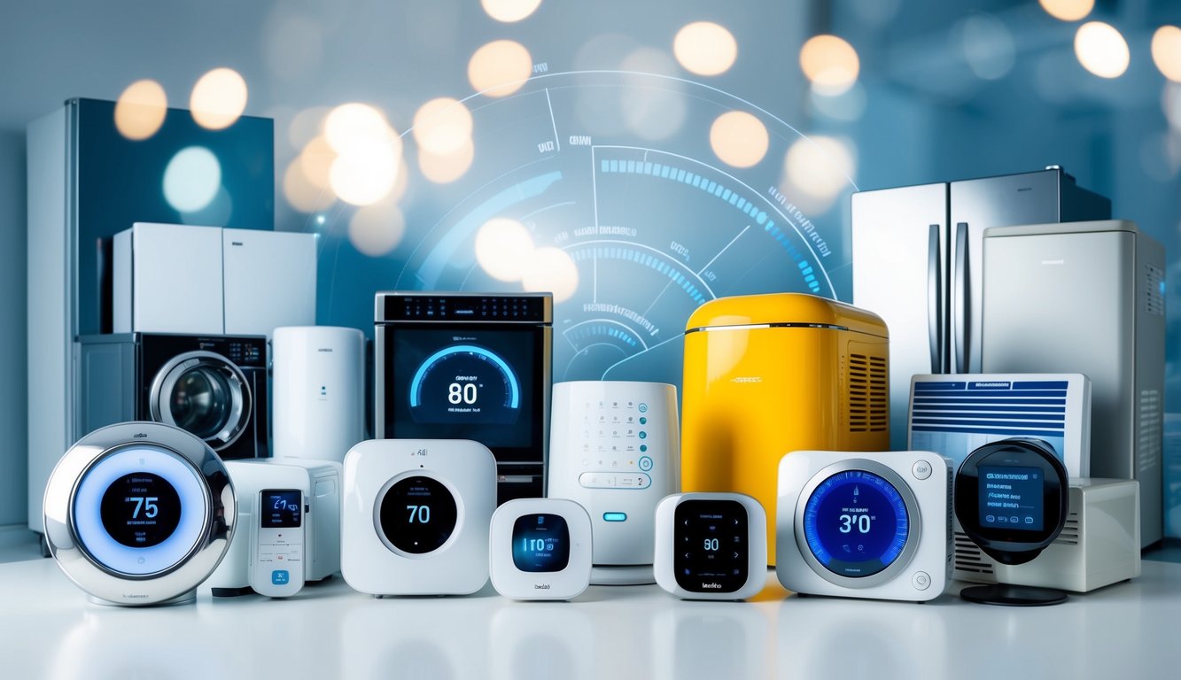 An array of household appliances, from thermostats to refrigerators, all connected and controlled by AI technology