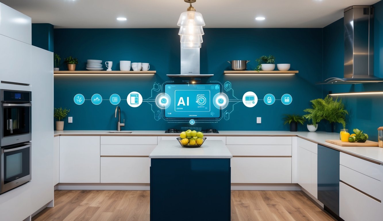 A modern kitchen with smart appliances connected to AI technology, displaying energy-efficient features and sustainable design