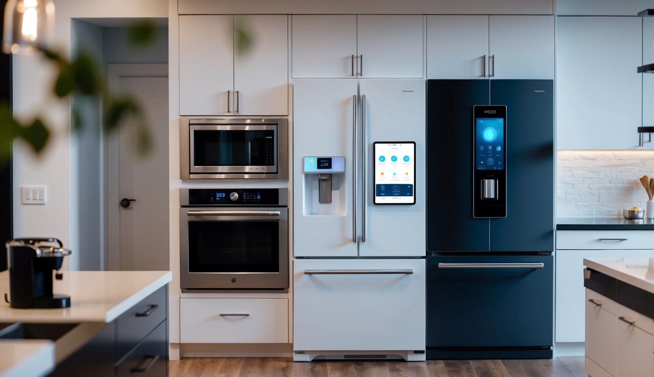 A modern kitchen with AI-integrated appliances, such as a smart refrigerator, oven, and coffee maker. The appliances are sleek and futuristic, with digital displays and voice command capabilities